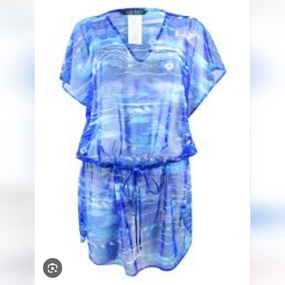 LAUREN RALPH LAUREN Calypso Ikat Blue Print Semi Sheer Swim CoverUp Mini Dress M - Picture 8 of 9